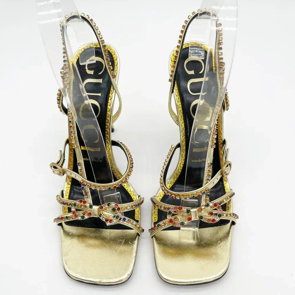 Gucci Carmen Crystal Embellished Gold Leather Bow High Heel Sandals EU 38.5 - Picture 6 of 13
